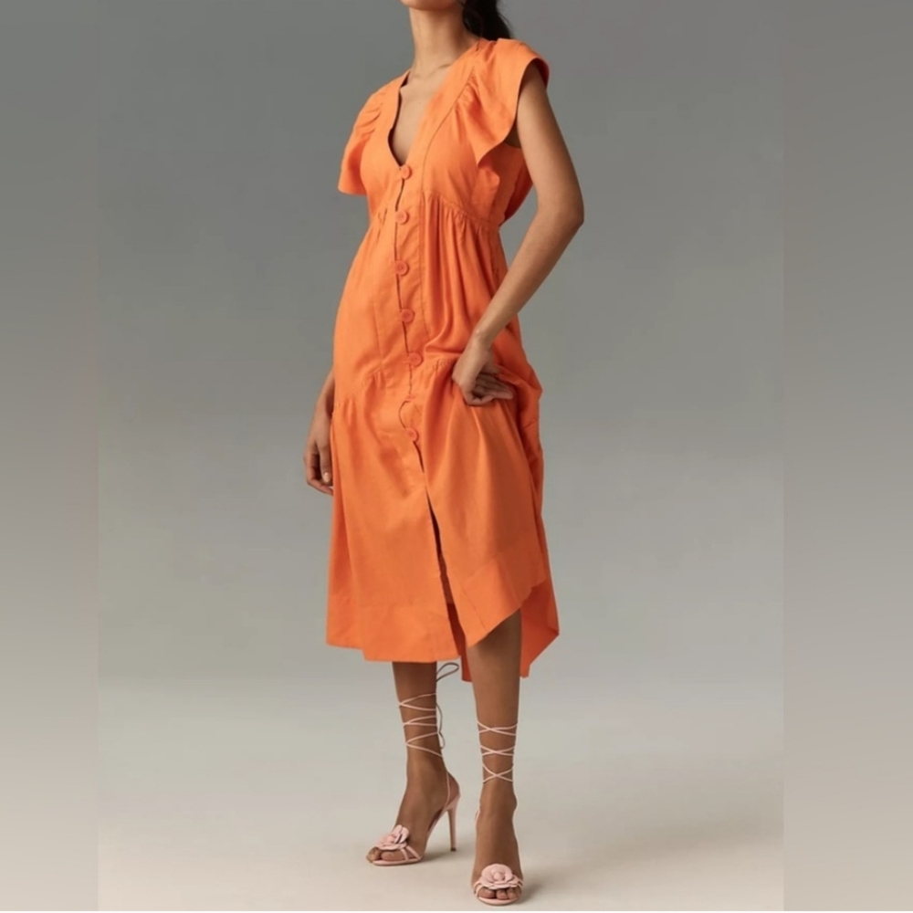 Anthropologie The Renee Flutter Sleeve Linen Front Button Midi Dress